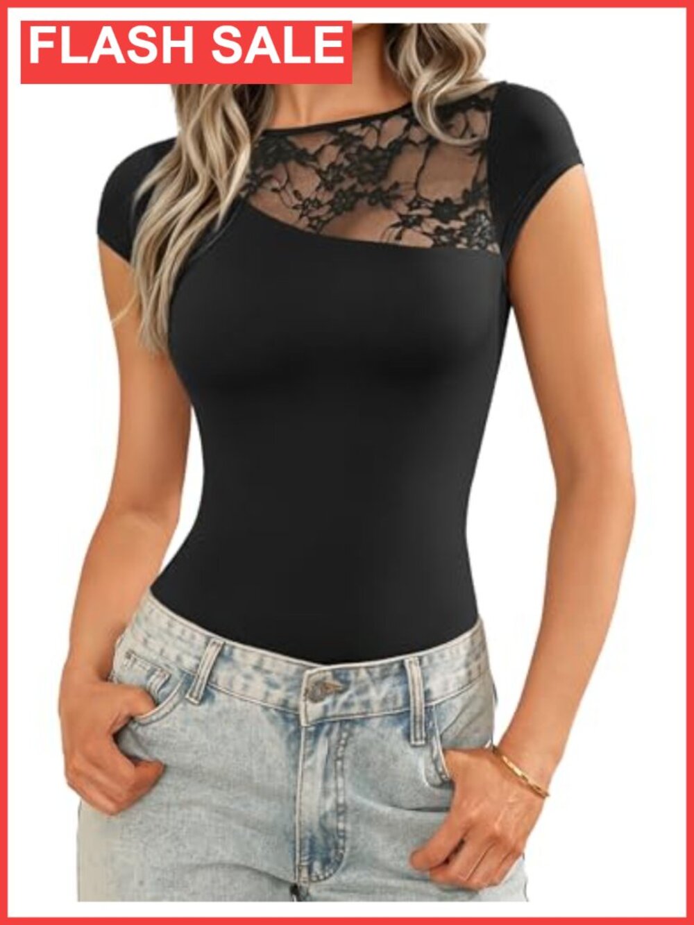 Lace Bodysuit Short Sleeve Crew Neck Thong Snap Closure
